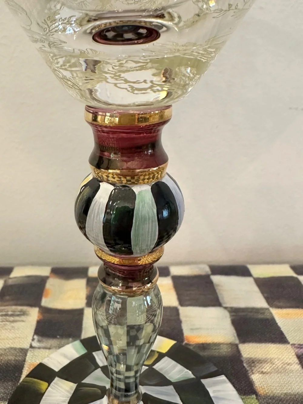 New Mackenzie Childs BLOOMING COURTLY CHECK Martini Floral Glass 8.25
